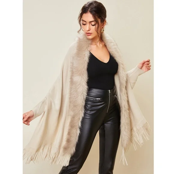 Fur and Fringe Detail Open Beige Cardigan - Picture 4 of 11